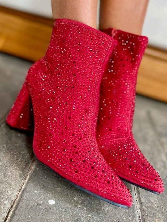 Shoes - NEW🔥 Red Rhinestone Crystal Block High Heel Ankle Boots Booties Pointed Toe Zip